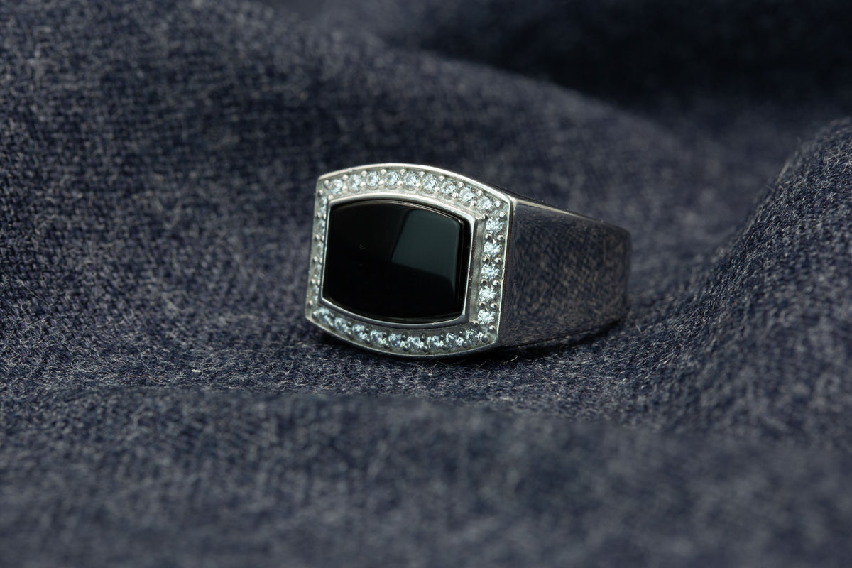 Men Silver Square Black Onyx Gemstone Ring