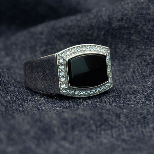 Men Silver Square Black Onyx Gemstone Ring