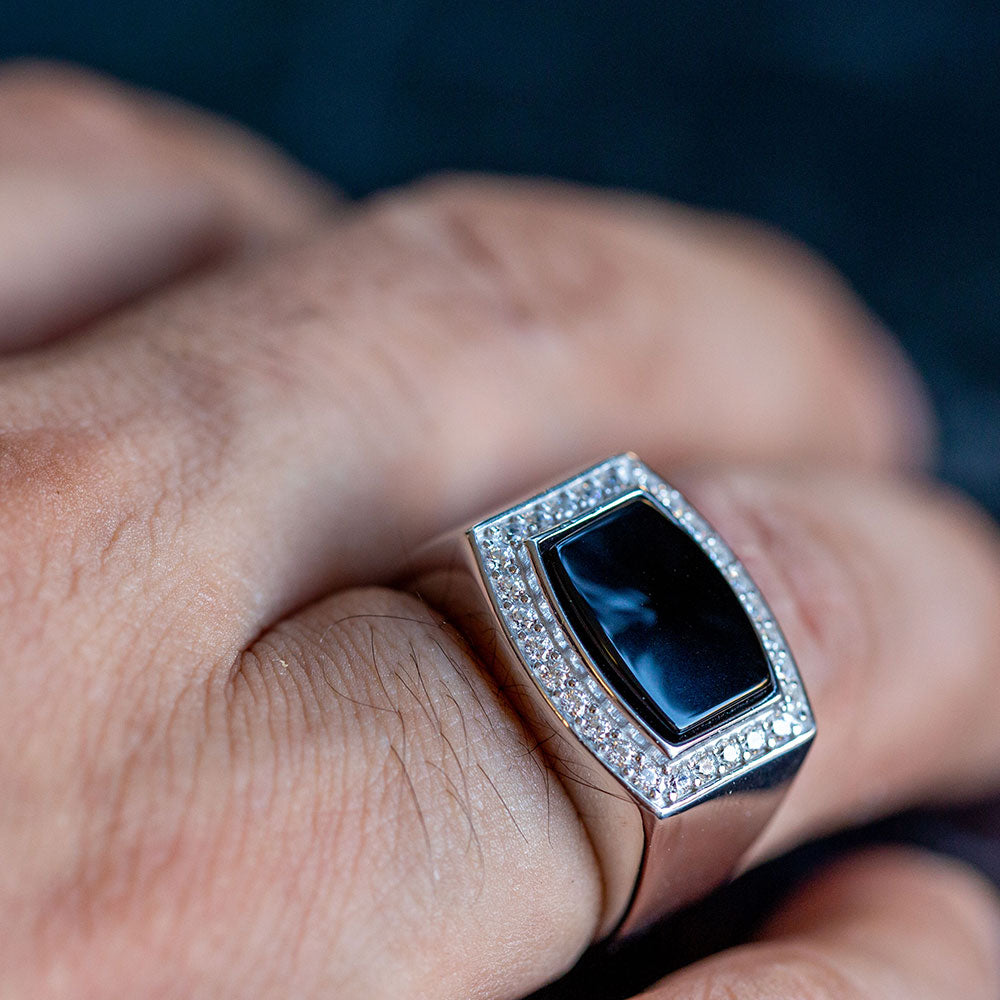Men Silver Square Black Onyx Gemstone Ring