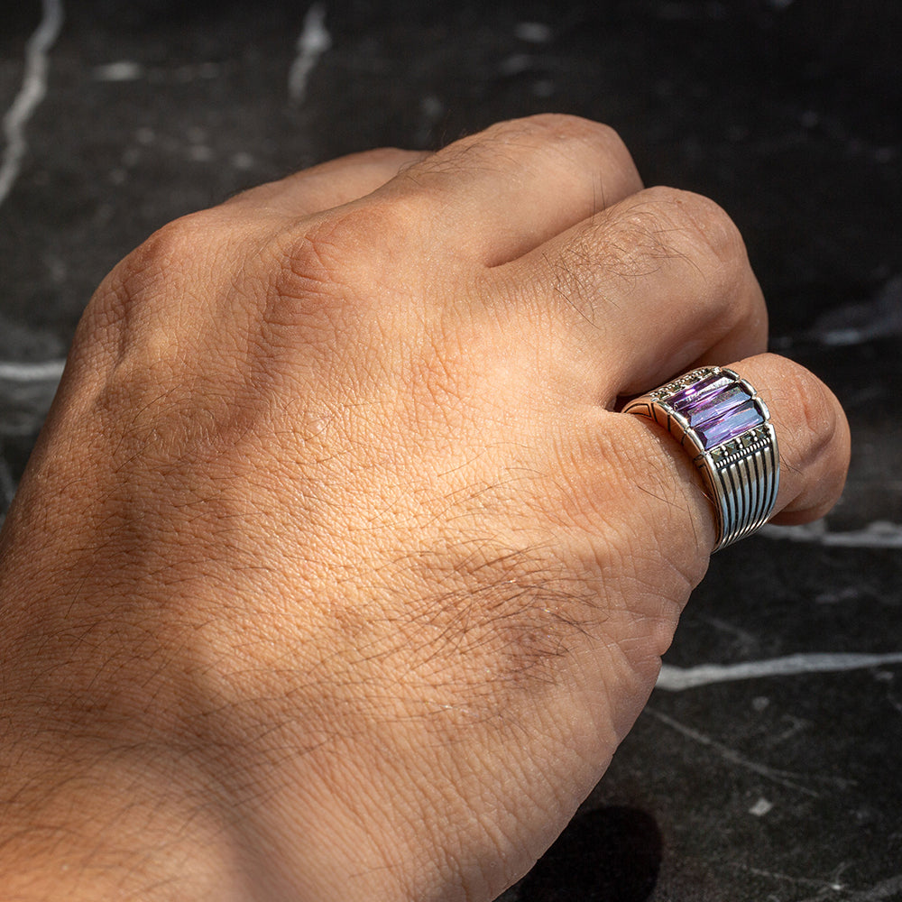 925 Men Sterling Silver Amethyst Gemstone Handmade Ring