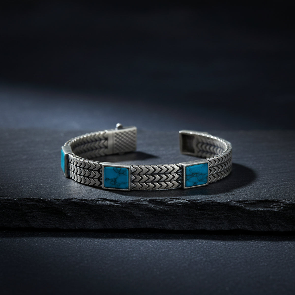 Herren-Armband aus Silber, handgefertigt mit Fuchsschwanzkette und quadratischem Türkis-Edelstein