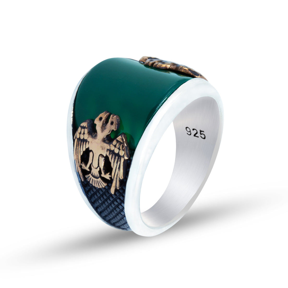 925 Silver Emerald Gemstone Double Eagle Signet Ring