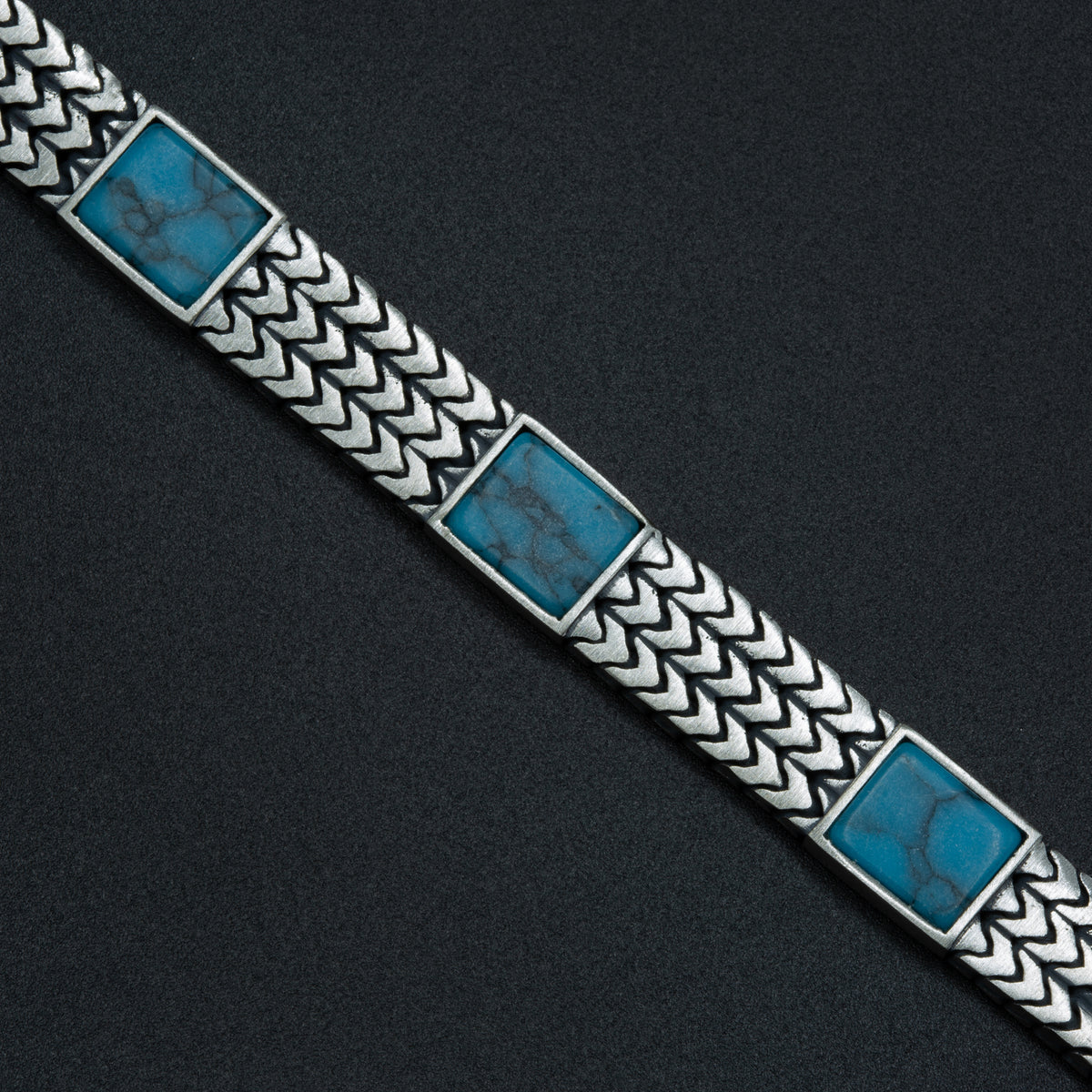 Herren-Armband aus Silber, handgefertigt mit Fuchsschwanzkette und quadratischem Türkis-Edelstein