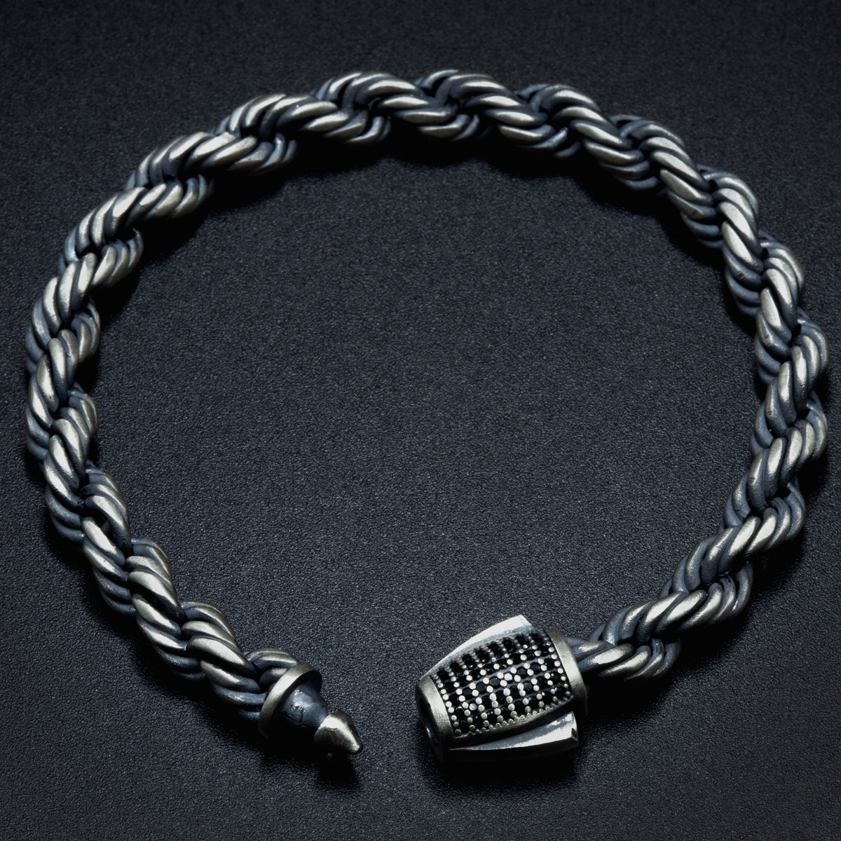 Pulsera de cadena de cuerda con piedra negra de plata de ley 925