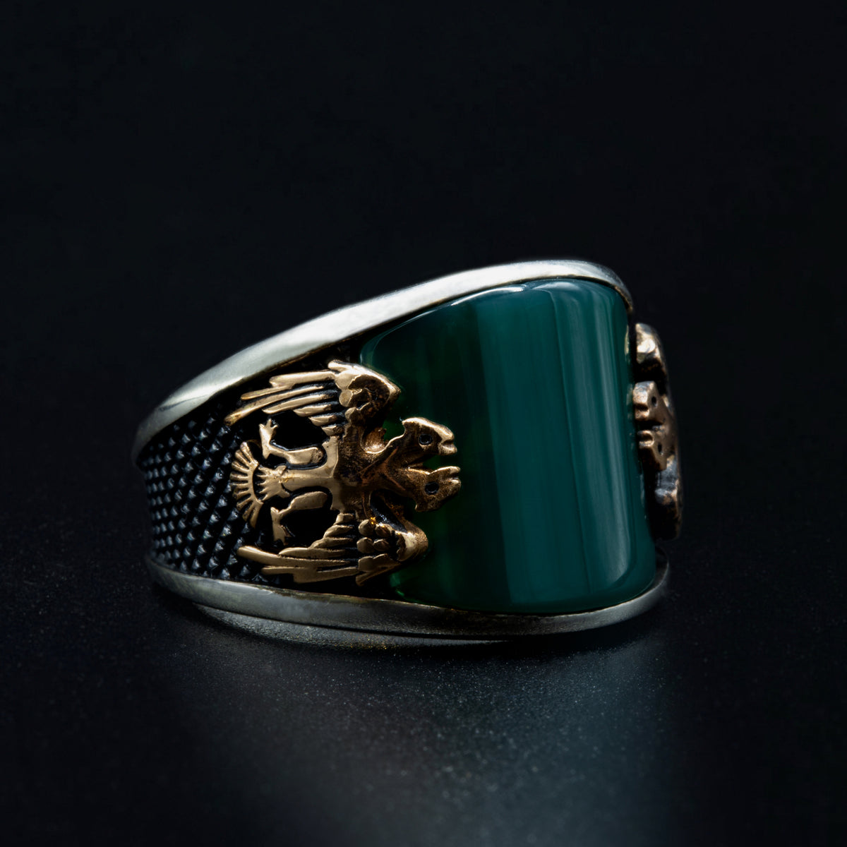 925 Silver Emerald Gemstone Double Eagle Signet Ring