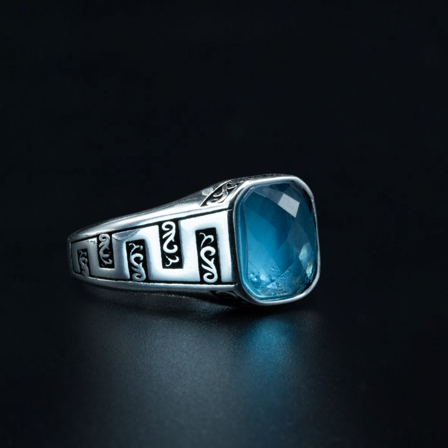 Men Sterling Silver Minimal Blue Aquamarine Ring