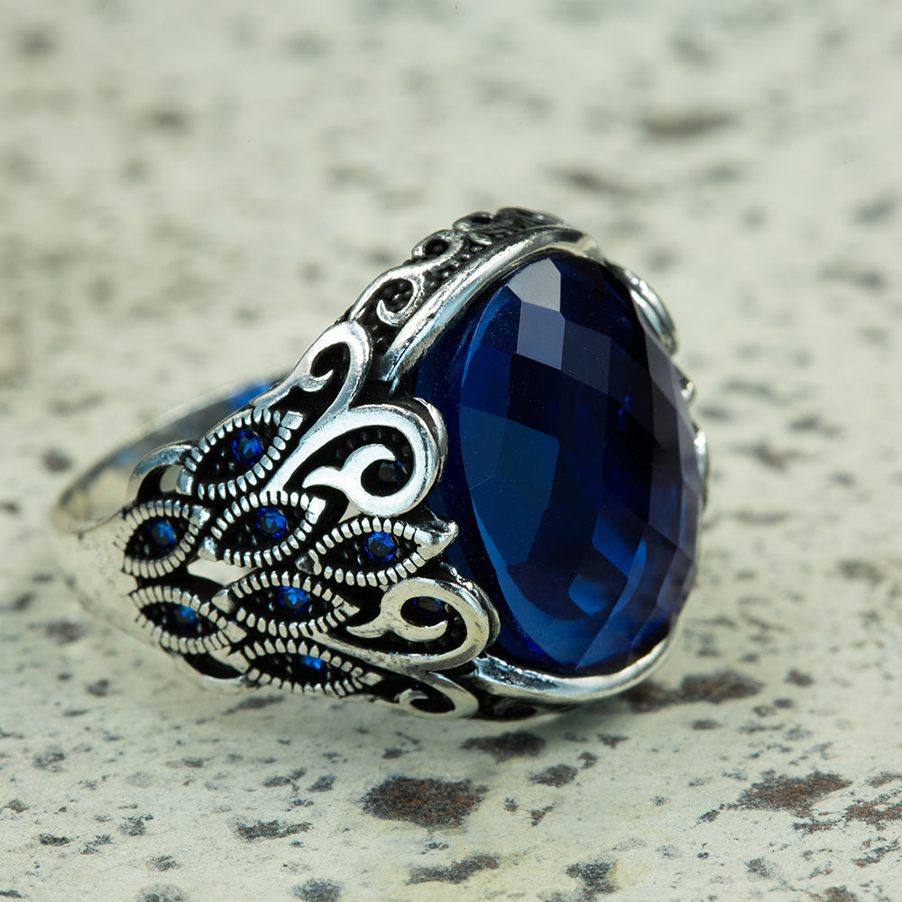 Men Handmade Oval Zircon Sapphire Gemstone Ring