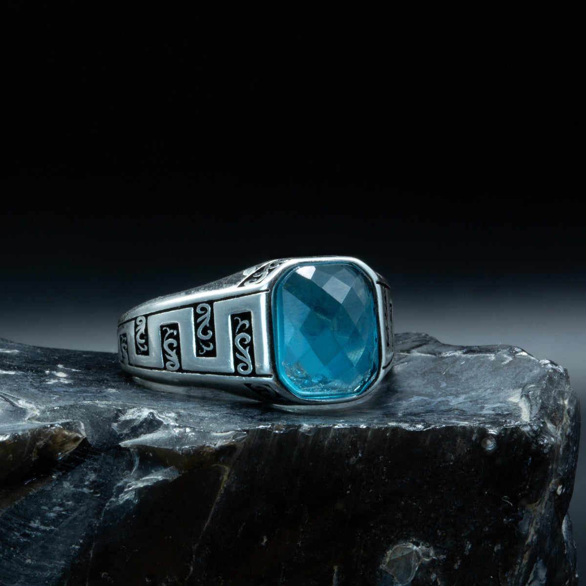 Men Sterling Silver Minimal Blue Aquamarine Ring