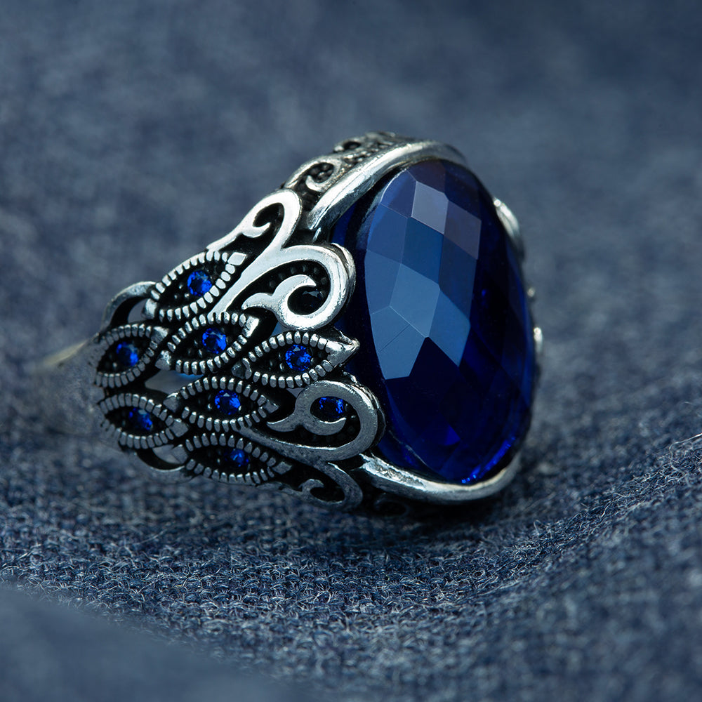 Men Handmade Oval Zircon Sapphire Gemstone Ring
