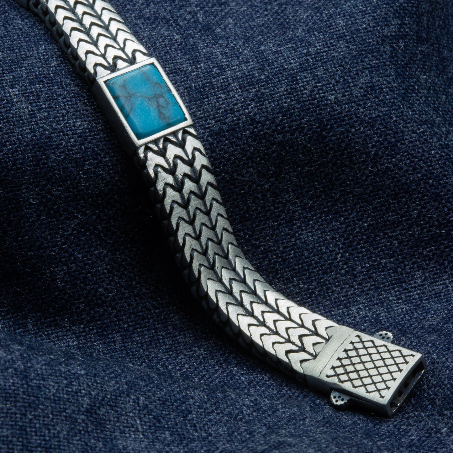 Men Silver Handmade Foxtail Chain Square Turquoise Gemstone Bracelet