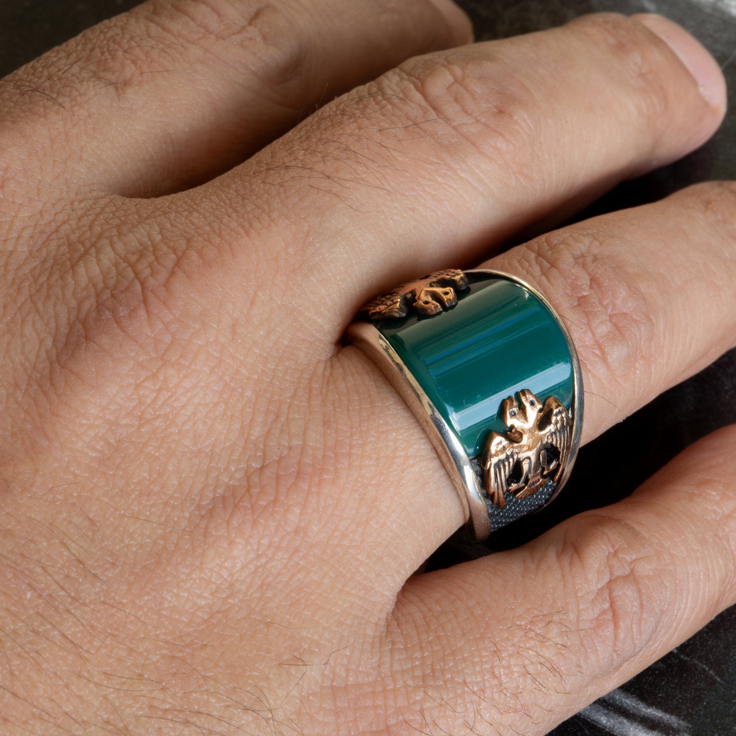 925 Silver Emerald Gemstone Double Eagle Signet Ring