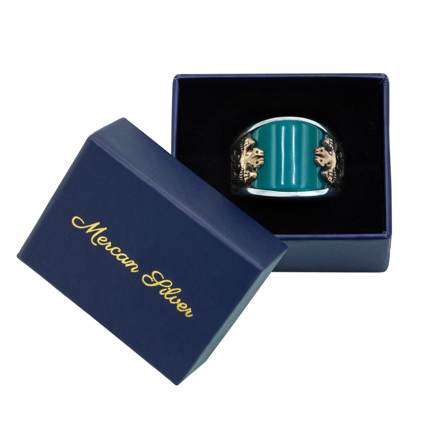 925 Silver Emerald Gemstone Double Eagle Signet Ring