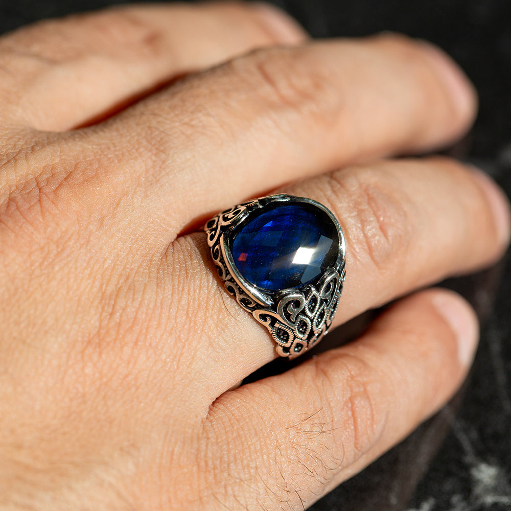 Men Handmade Oval Zircon Sapphire Gemstone Ring