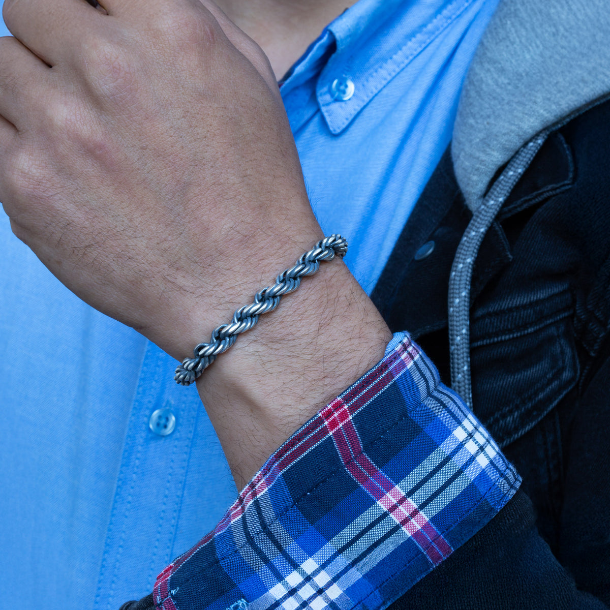 Pulsera de cadena de cuerda con piedra negra de plata de ley 925