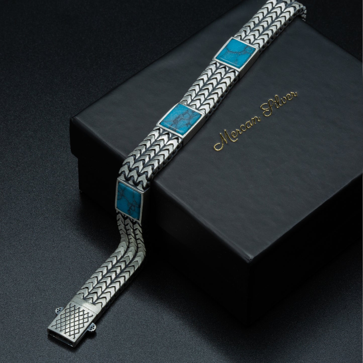 Men Silver Handmade Foxtail Chain Square Turquoise Gemstone Bracelet