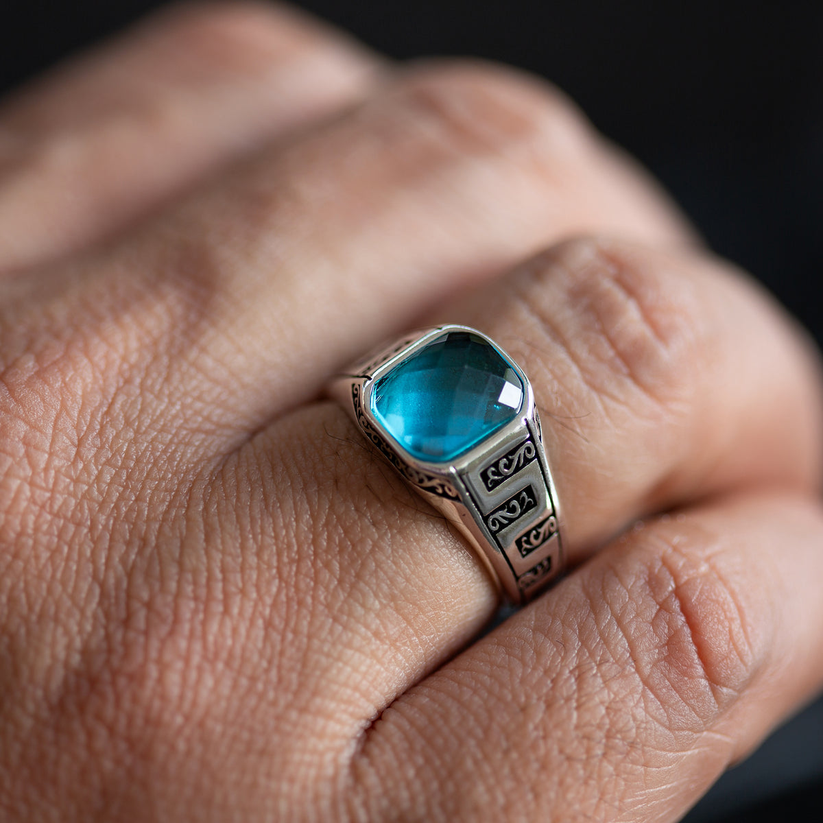 Men Sterling Silver Minimal Blue Aquamarine Ring