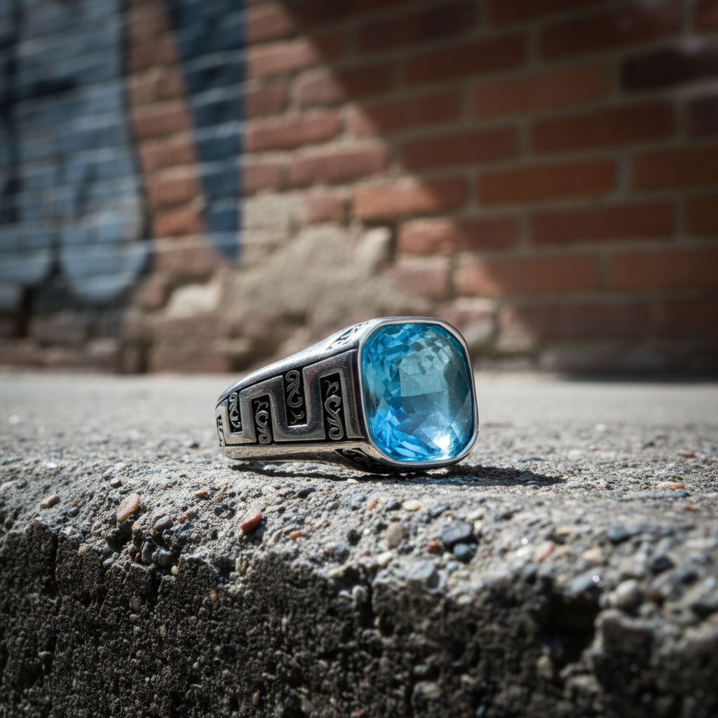 Men Sterling Silver Minimal Blue Aquamarine Ring