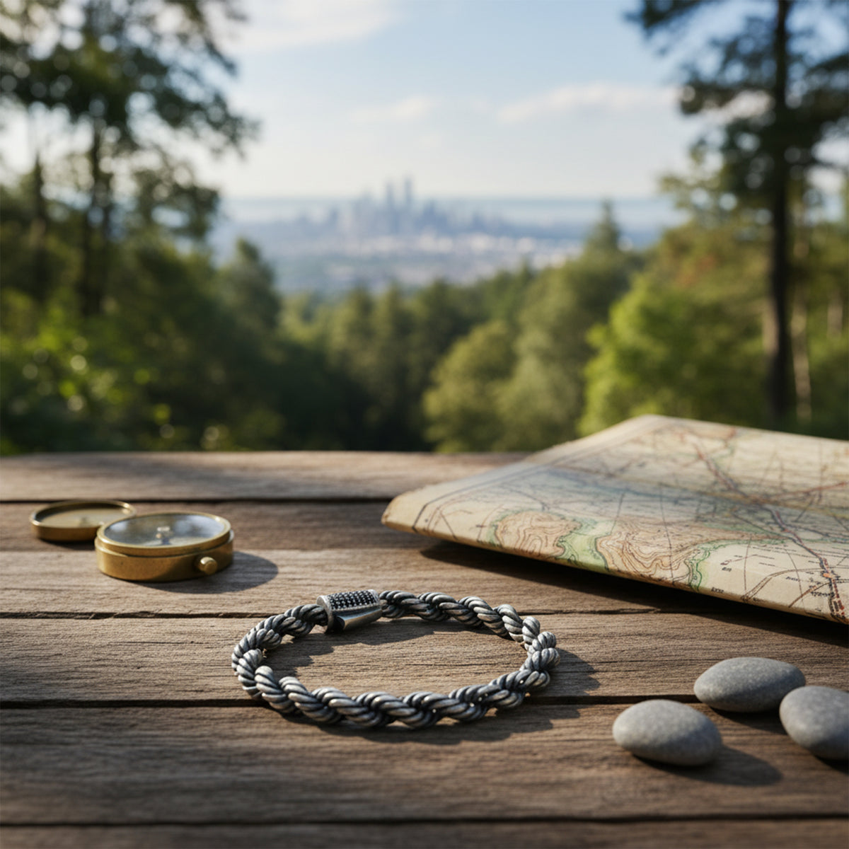 Pulsera de cadena de cuerda con piedra negra de plata de ley 925