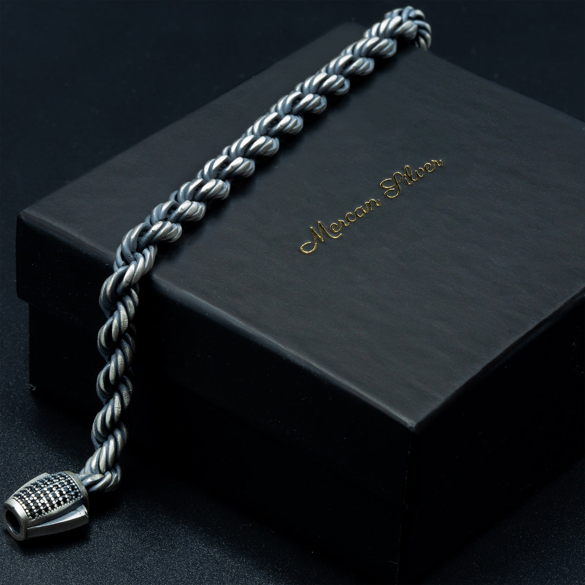 Pulsera de cadena de cuerda con piedra negra de plata de ley 925