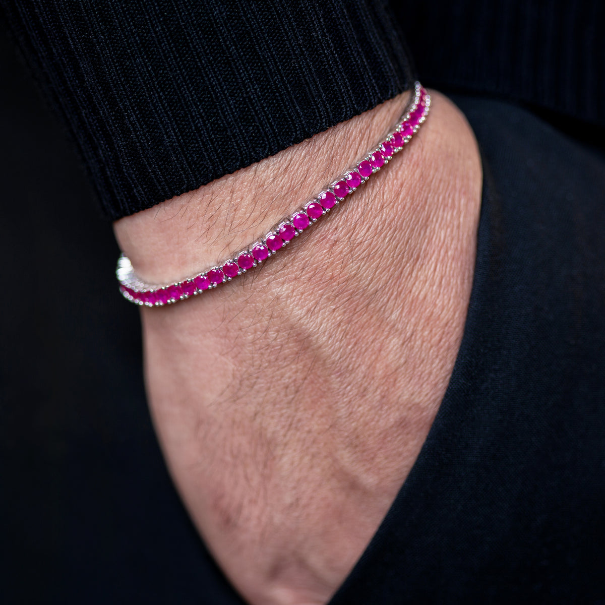 925 Silver Unisex Ruby Tennis Bracelet, Handmade Red Gemstone Tennis Bracelet