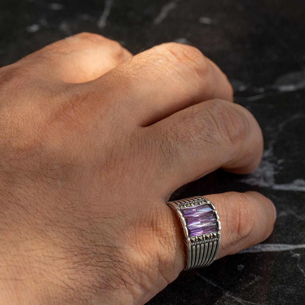 925 Men Sterling Silver Amethyst Gemstone Handmade Ring