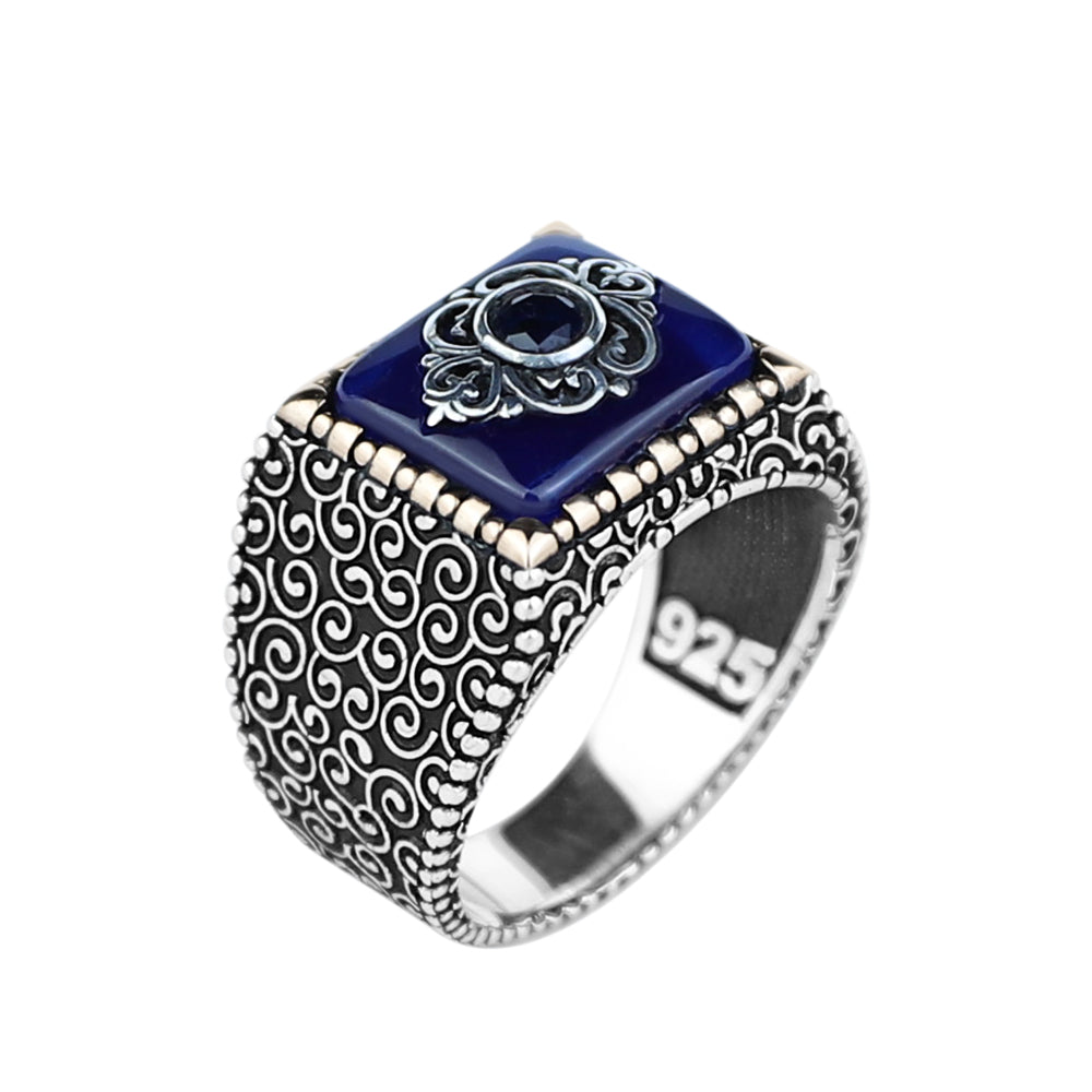 925 Sterling Silver Men Blue Sapphire Gemstone Ring