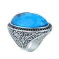 Men Silver Large Aquamarine Stone Ring,Big Man Blue Zircon Stone Ring , Ottoman Style Ring, Turkish Handmade Sterling Silver