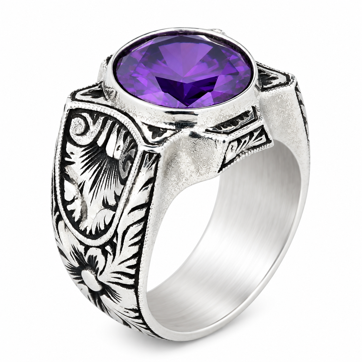 925 Sterling Silver Amethyst Ring for Men – Handmade Vintage Style