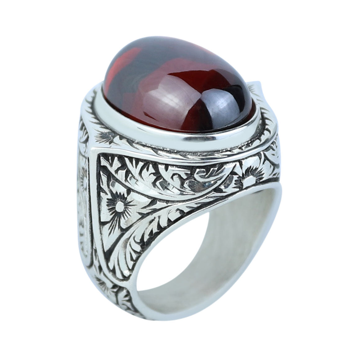 Men Silver Oval Ruby Stone Ring, Zircon Red Stone Ring, Engraved Style Handmade Ring, 925k Sterling Silver Ring , Gift For Him