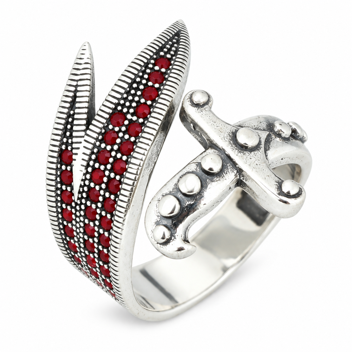 925 Sterling Silver Adjustable Zulfiqar Sword Ring with Ruby Stone