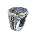 Men Blue Sapphire Stone Signet Ring, Multi Sapphire Stone Ring, Turkish Handmade Ottoman Ring , Father Day Gift, 925k Sterling Silver Ring