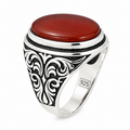 Men Handmade Engraved Agate Ring, Oval Red Agate Gemstone Ring, Turkish Handmade Red Aqeeq Ring, 925k Sterling Silver Ring