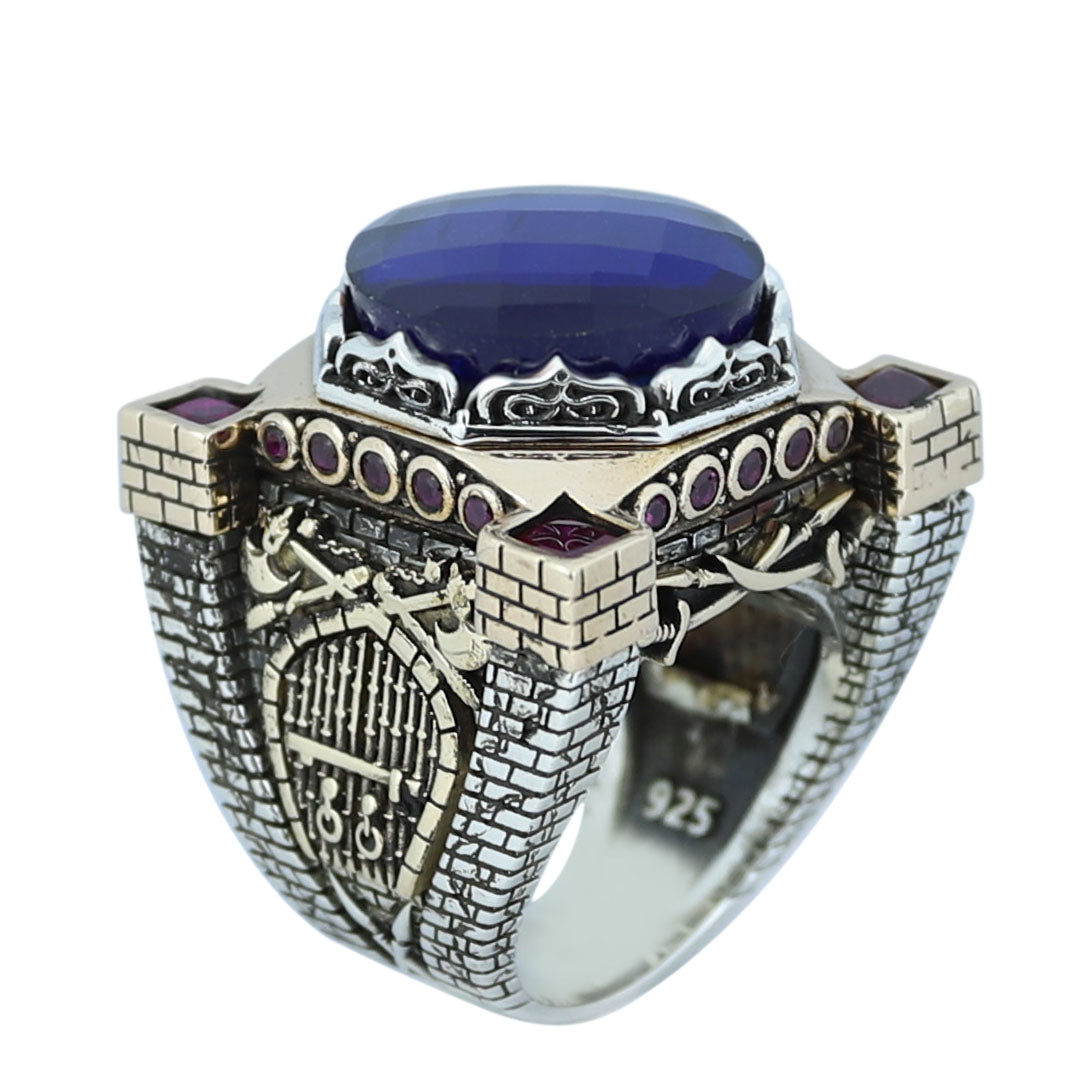 Men Blue Sapphire Stone Ring, Ottoman Style Sapphire and Ruby Ring, Axe Sword Men Ottoman Style Ring