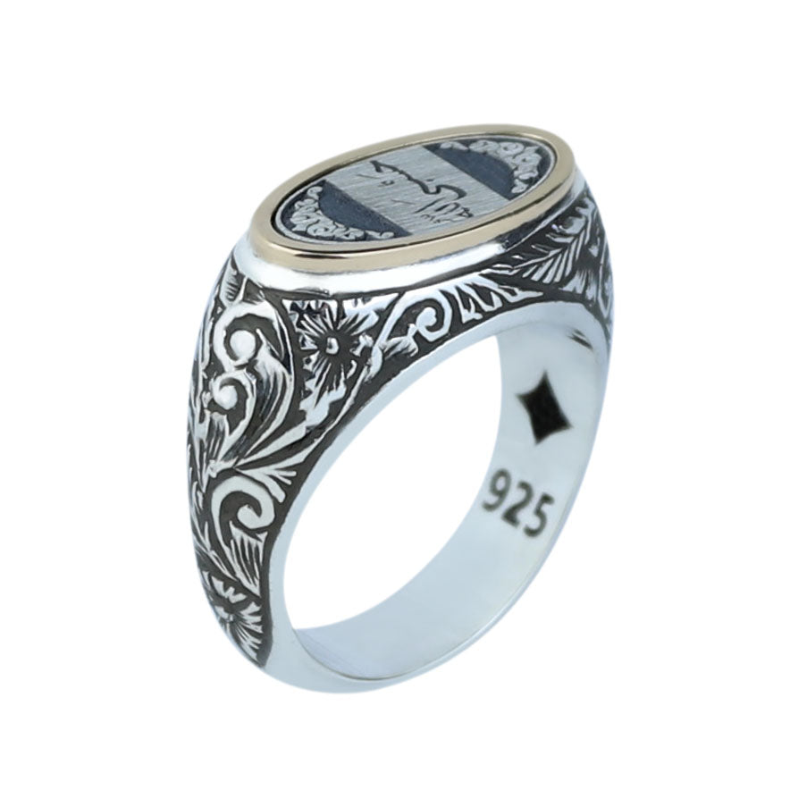 925 Sterling Silver Men’s Arabic Calligraphy Signet Ring, Oval Engraved Statement Ring, Vintage Islamic Style Ring, Intricate Floral Filigree Design