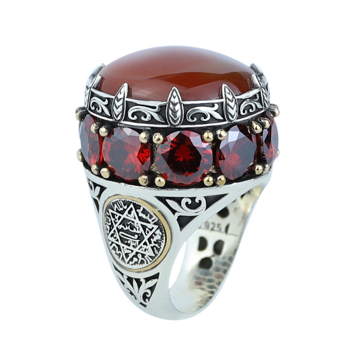 925 Sterling Silver Solomon Signet Red Agate Ring , Round Ruby And Agate Gemstone Ring
