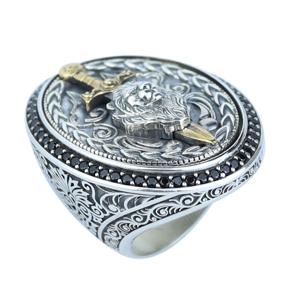 925 Silver Large Sword Leon Head Ring, Onyx Stone Men Ring, Hand Engraved Leon Signet Ring, 925 Sterling Silver