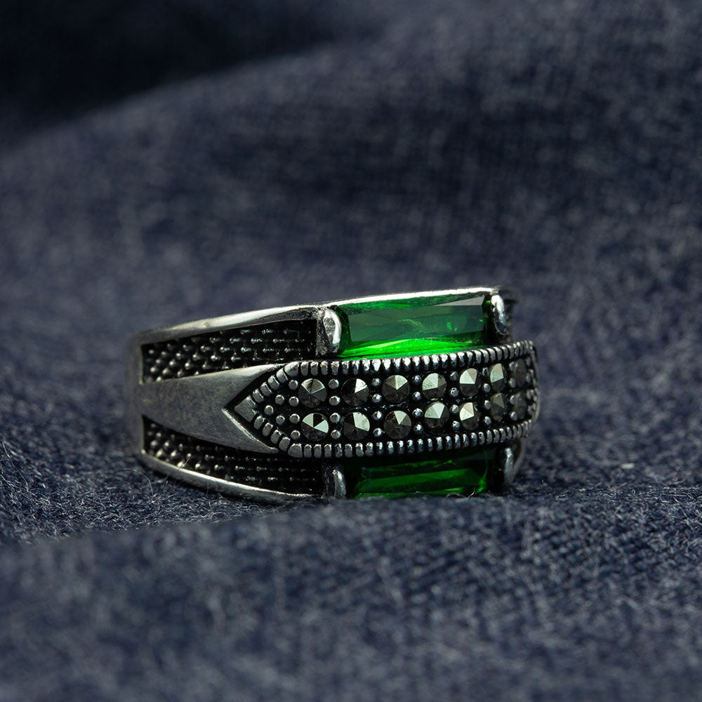 925 Men Sterling Silver Green Emerald Gemstone Ring