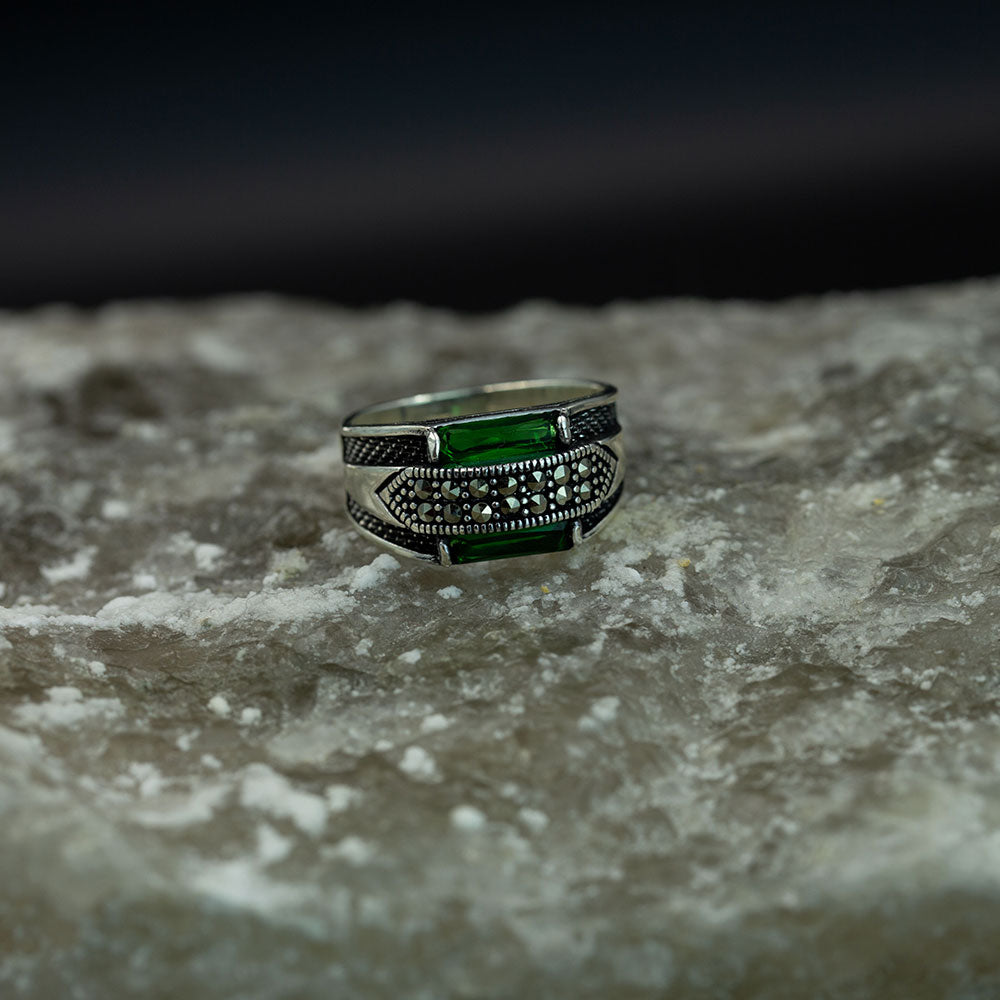 925 Men Sterling Silver Green Emerald Gemstone Ring