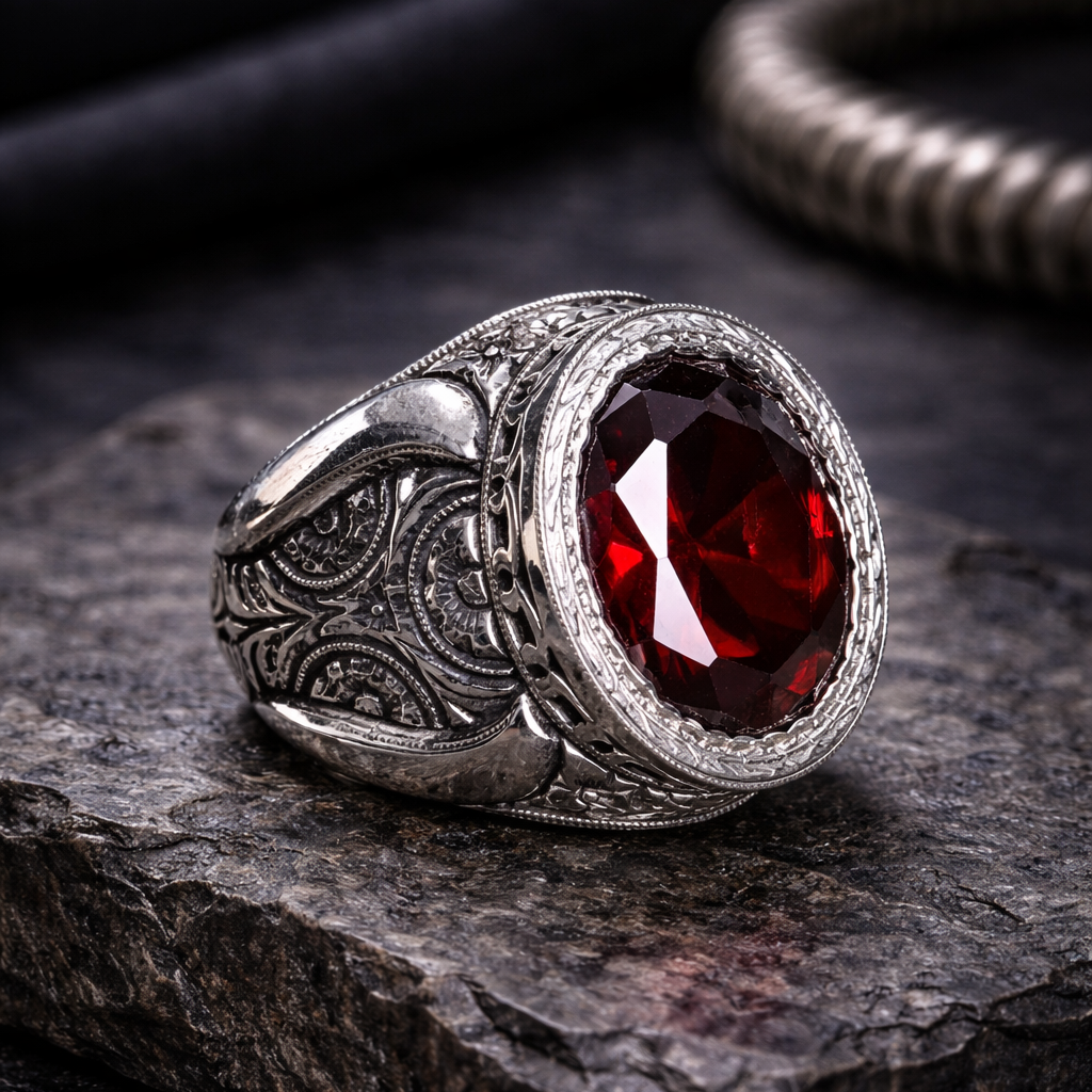 Men Handmade Red Ruby Gemstone Engraved Silver Ring