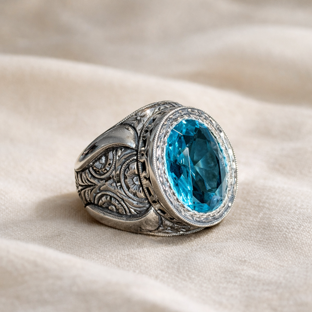 Men Handmade Blue Aquamarine Gemstone Engraved 925 Silver Ring