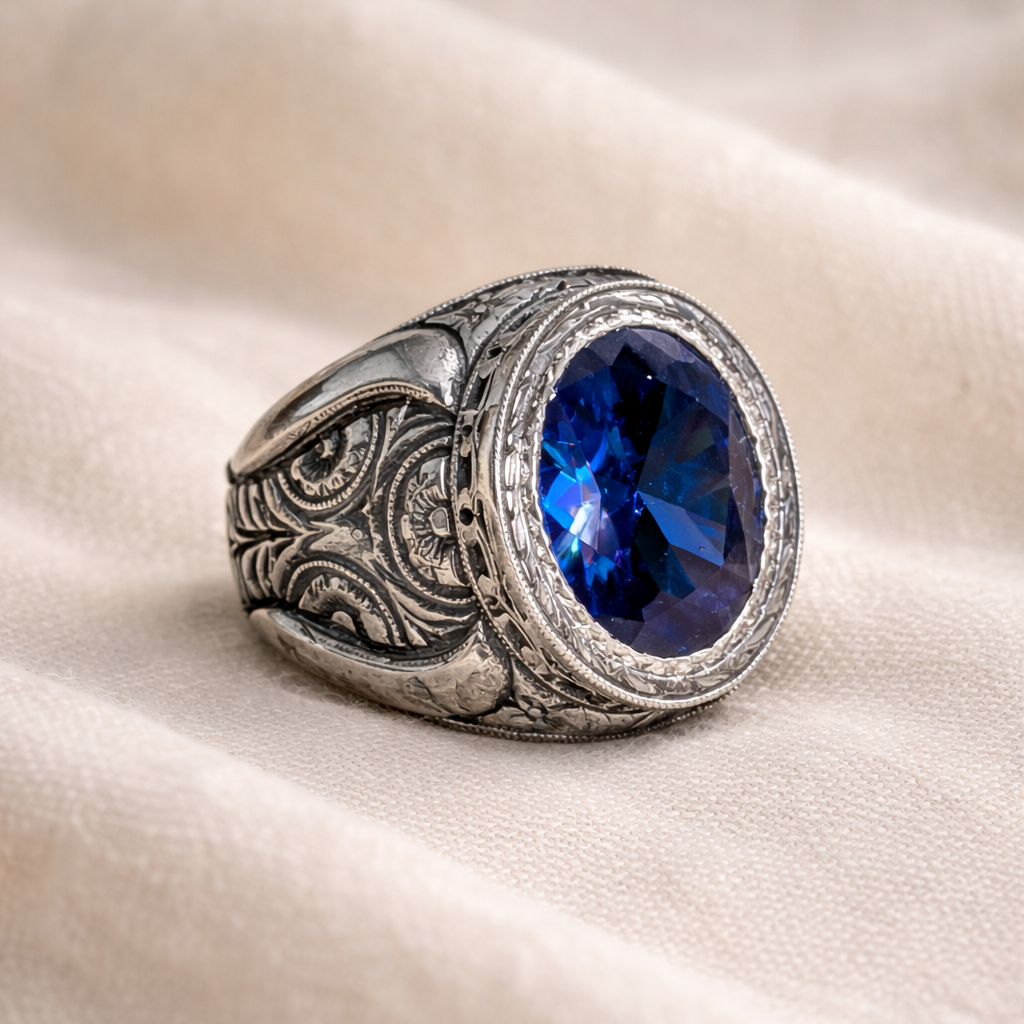 Men Handmade 925 Silver Blue Sapphire Gemstone Ring