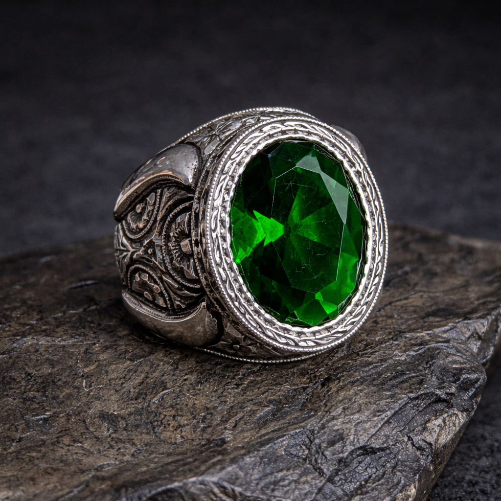 925 Sterling Silver Oval Cut Green Emerald Gemstone Ottoman Style Ring