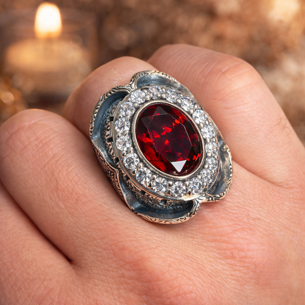 925 Sterling Silver Ruby Gemstone Ottoman Style Engraved Ring