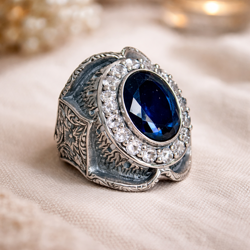 925 Sterling Silver Sapphire And Moissanite Gemstone Engraved Ring