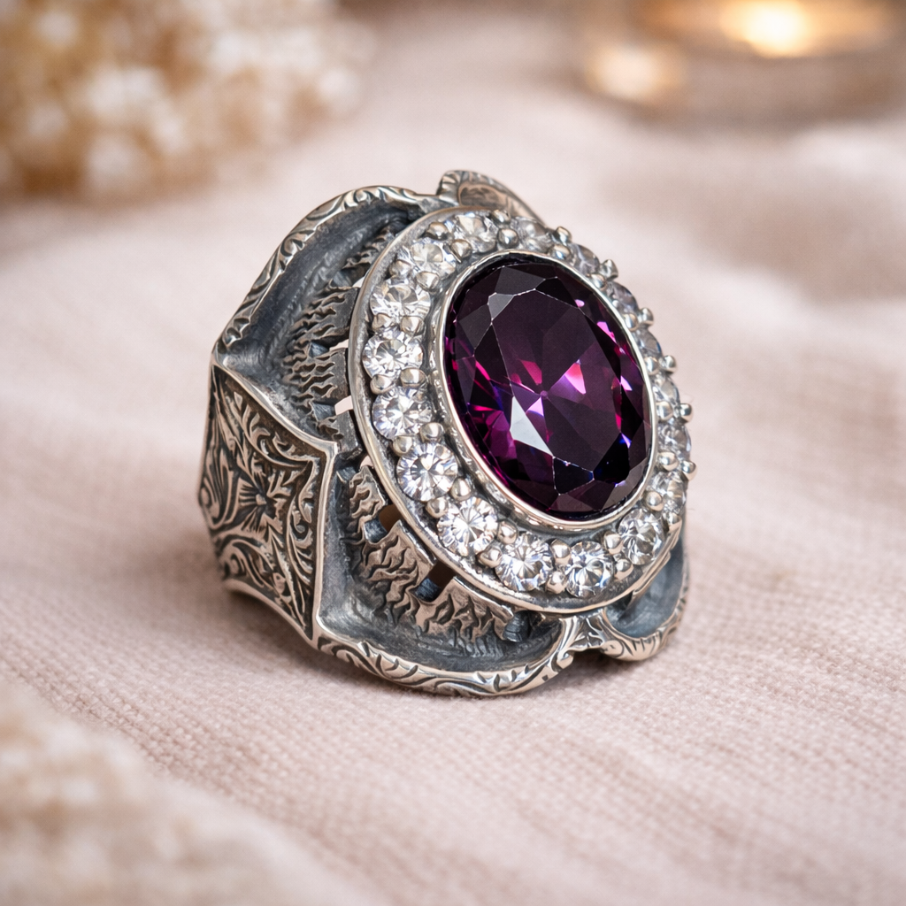 925 Sterling Silver Moissanite And Amethyst Gemstone Hand-Engraved Ring