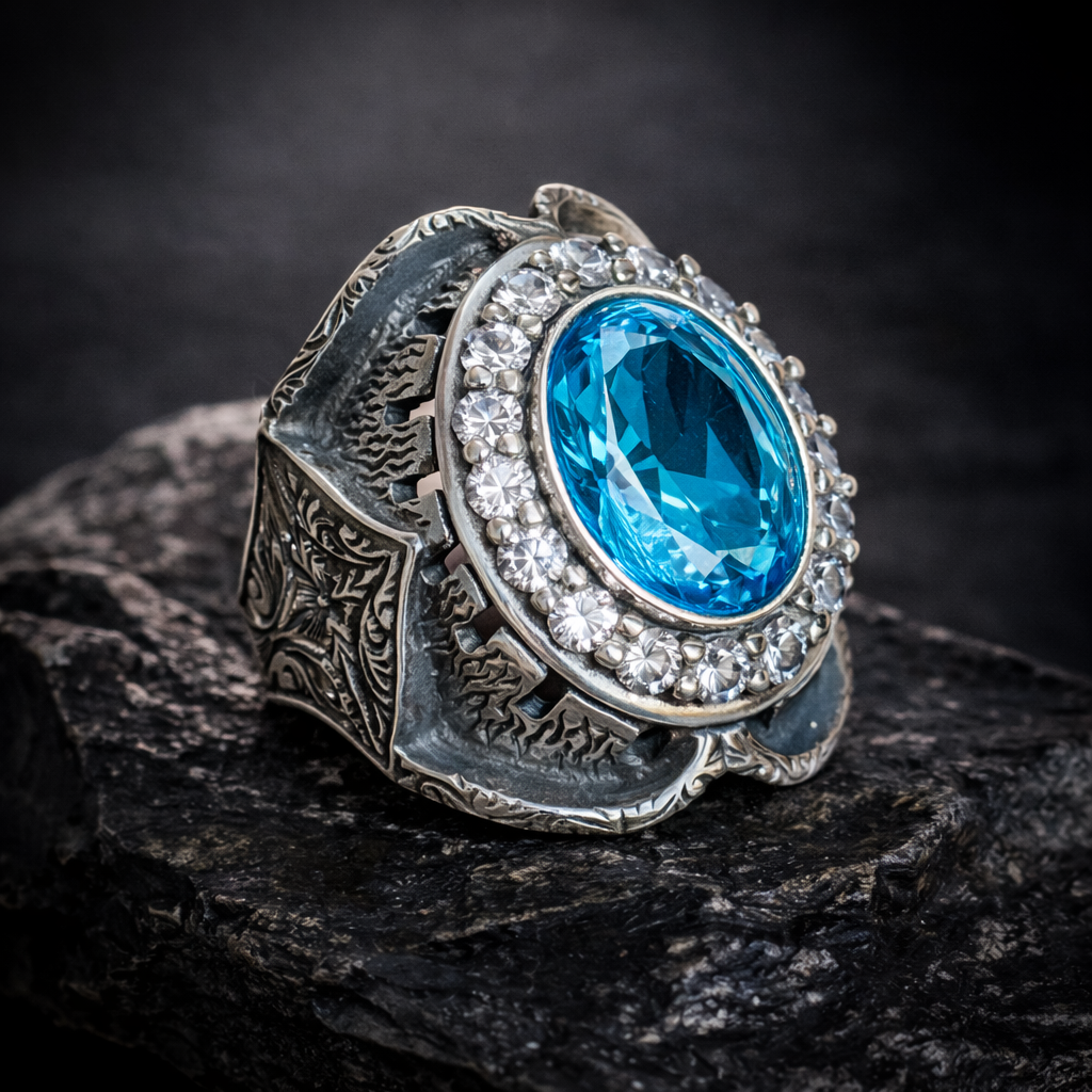 925 Sterling Silver Men Oval Aquamarine Gemstone Handmade Ring