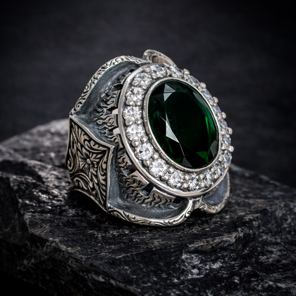 925 Silver Men Handmade Emerald Gemstone Engraved Signet Ring