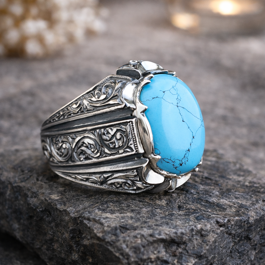 925 Men Handmade Natural Blue Turquoise Gemstone Engraved Ring