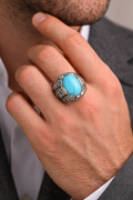 925 Men Handmade Natural Blue Turquoise Gemstone Engraved Ring