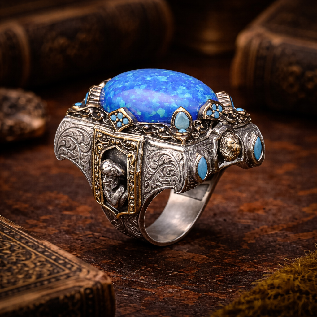 925 Silver Turkish Handmade Blue Opal Gemstone Guardian Figured Ring